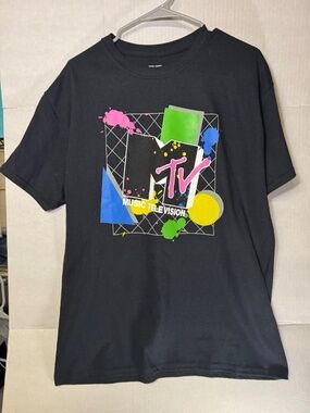 MTV Music Television Graphic T-Shirt Black Retro 80s Style Logo Tee Size Large